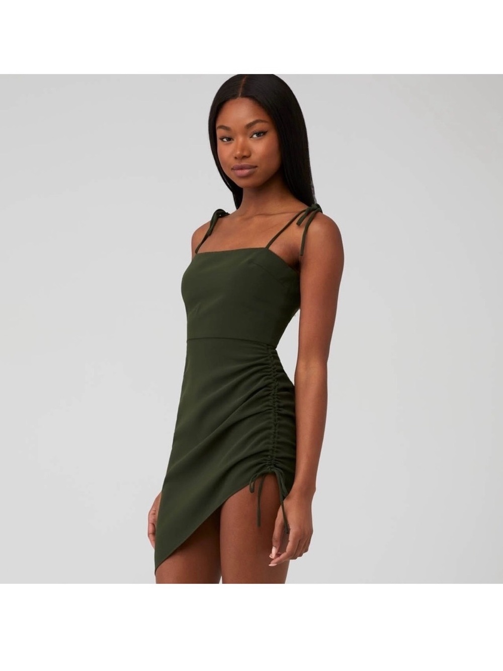 Amanda Uprichard Olive Green Tie-Shoulder Ruched Asymmetrical Mini